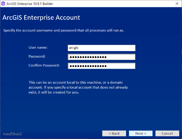 Specify the account user name and password that all processes will run as. Specify the account user name and password that all processes will run as.